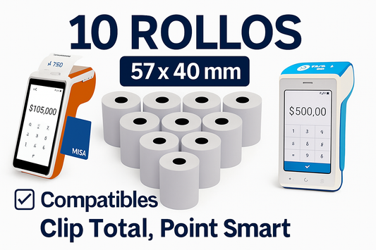 10 Rollos Térmicos 57x40 mm Compatibles Clip, Point Smart y Más