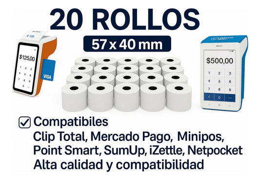 20 Pza Rollo Térmico 57x40 mm Compatible Clip Total Point Smart DualBalance