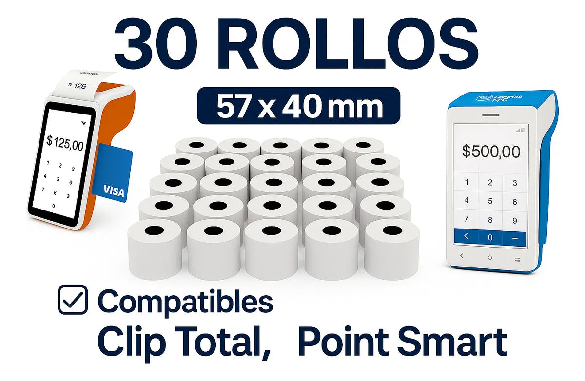 30 Pza Rollo Termico 57x40 Clip Total, Mercado Pago Point Smart Point Smart, Terminal Bancaria, dualbalance