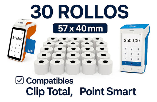 30 Pza Rollo Termico 57x40 Clip Total, Mercado Pago Point Smart Point Smart, Terminal Bancaria, dualbalance